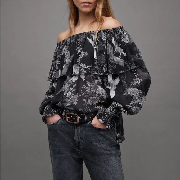 NEW Allsaints Liza Peggy Floral Off Shoulder Top Black Women's Size US 4 - Picture 1 of 9